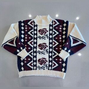 Vintage SML Sport Knitted by Hand Rose Geometric 15% Wool Mock Neck Sweater Sz M